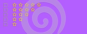 Gold, gray five stars shape on a purple background. Rating stars with tick. Feedback evaluation. Rank quality. Banner photo