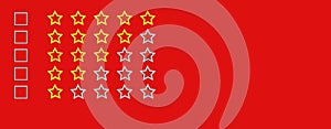 Gold, gray five stars shape on a red background. Rating stars with tick. Feedback evaluation. Rank quality. Banner