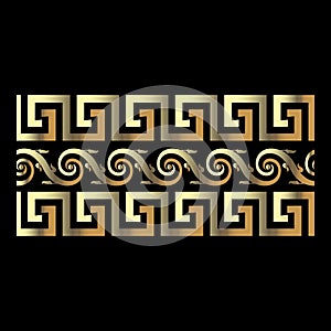 Gold greece ancient style ornamental border patern with waves, greek key meanders. Athens style ornate luxury gold border