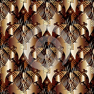 Gold greek key seamless pattern. Vector floral 3d background wallpaper with damask flowers, scroll leaves, meanders, greek