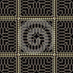 Gold greek style 3d grid vector seamless pattern. Ornamental golden lace background. Wave lines,  frames, shapes, squares, zigzag