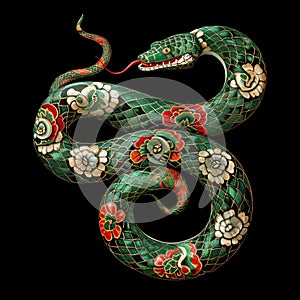 Gold green 3d ornamental chinese snake with floral patterned textured skin. Happy Chinese new year 2025 snake Zodiac sign, year of