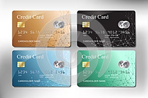 Realistic gold, green, blue and black color credit card vector design