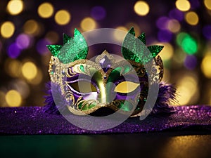 Gold green and purple glittery Mardi Gras mask, Carnival, time to relax, carnival