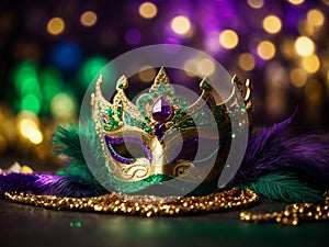 Gold green and purple glittery Mardi Gras mask, Carnival, time to relax, carnival