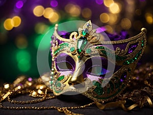 Gold green and purple glittery Mardi Gras mask, Carnival, time to relax, carnival