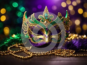 Gold green and purple glittery Mardi Gras mask, Carnival, time to relax, carnival