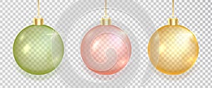 Gold, green, red Christmas balls set. 3d luxury bauble design element. Xmas golden decoration. Clear glass hang toy. New