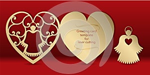 Gold greeting card with an angel for laser cutting. Template carving pattern for cards, invitations to the Day of lovers