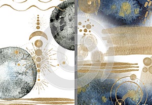 Gold, grey elements on white background. Abstract Mystic modern print set. Wall art, posters, prints set.