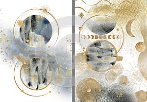 Gold, grey elements on white background. Abstract Mystic modern print set. Wall art, posters, prints set.