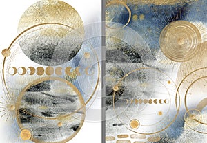 Gold, grey elements on white background. Abstract Mystic modern print set. Wall art, posters, prints set.