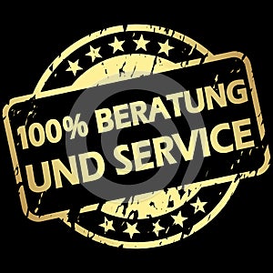 gold grunge stamp with Banner 100% advice and service (in german