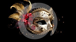 A gold half face carnival mask festival high detail beautiful isolated on black background for concept and commercial used