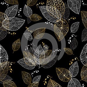 Gold hand drawn fall leaves seamless pattern