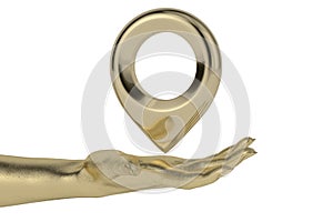 Gold hand and map point isolated on white background. 3D rendering. 3D illustration