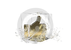 Gold hand ok in cube of melting ice and drop water on isolated background