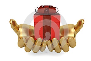 Gold hands keeping holding or protecting gift box,3D illustration.