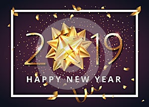 Gold 2019 Happy New Year celebration premium dark purple background with gift ribbon bow and glitter confetti decoration