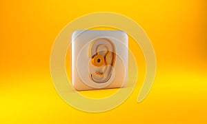 Gold Hearing aid icon isolated on yellow background. Hearing and ear. Silver square button. 3D render illustration