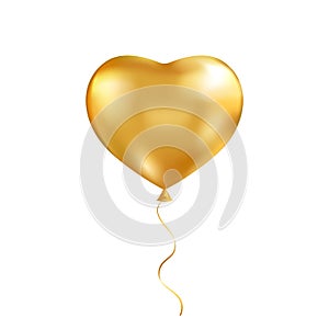 Gold heart balloon. Golden air baloon. Helium 3d love ballon. Valentine day background. Anniversary celebration party