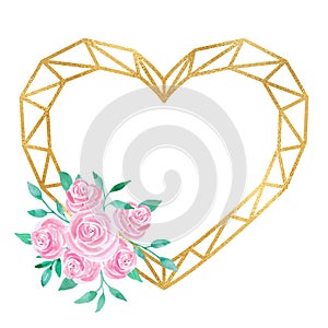 Gold heart frame with watercolor flower illustration