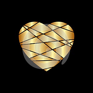 Gold heart icon. Golden glitter silhouette,metal sign shape isolated on black background. Vector Illustration. Symbol of happy