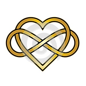 Gold heart infinity symbol isolated on white background