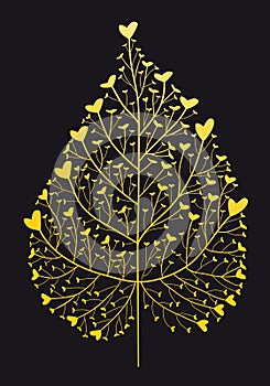 Gold heart leaf, vector hand drawing