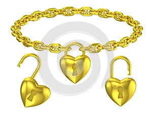 Gold heart lock pendant isolated necklace