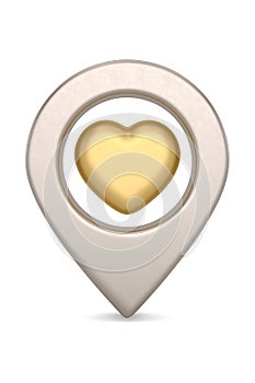 Gold heart map pin isolated on white background. 3D illustration