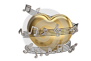 Gold heart and music notes.3D illustration.