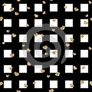 Gold heart seamless pattern. Black-white geometric square, golden confetti-hearts. Symbol of love, Valentine day holiday