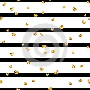 Gold heart seamless pattern. Black-white geometric stripes, golden confetti-hearts. Symbol of love, Valentine day