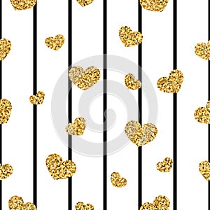 Gold heart seamless pattern. Black-white geometric stripes, golden confetti-hearts. Symbol of love, Valentine day