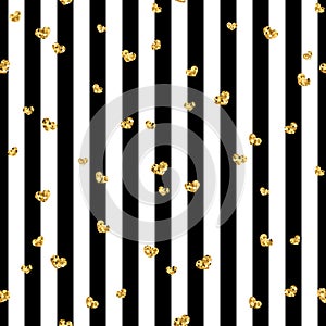 Gold heart seamless pattern. Black-white geometric stripes, golden confetti-hearts. Symbol of love, Valentine day