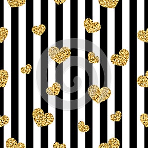 Gold heart seamless pattern. Black-white geometric stripes, golden confetti-hearts. Symbol of love, Valentine day