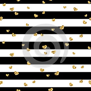 Gold heart seamless pattern. Black-white geometric stripes, golden confetti-hearts. Symbol of love, Valentine day