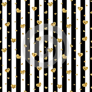 Gold heart seamless pattern. Black-white geometric stripes, golden confetti-hearts. Symbol of love, Valentine day