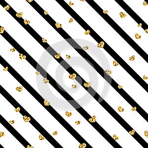 Gold heart seamless pattern. Black-white geometric stripes, golden confetti-hearts. Symbol of love, Valentine day