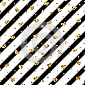 Gold heart seamless pattern. Black-white geometric stripes, golden confetti-hearts. Symbol of love, Valentine day