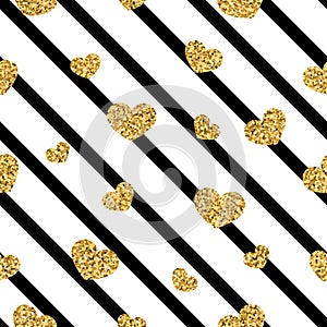 Gold heart seamless pattern. Black-white geometric stripes, golden confetti-hearts. Symbol of love, Valentine day