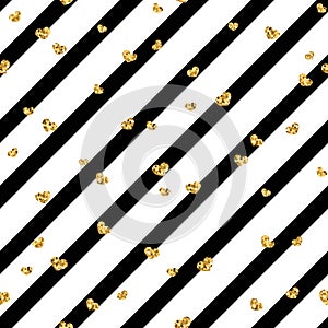 Gold heart seamless pattern. Black-white geometric stripes, golden confetti-hearts. Symbol of love, Valentine day