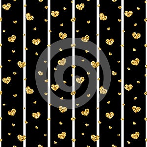 Gold heart seamless pattern. Black-white geometric stripes, golden confetti-hearts. Symbol of love, Valentine day