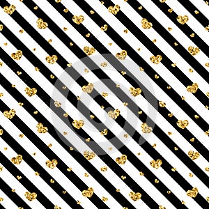 Gold heart seamless pattern. Black-white geometric stripes, golden confetti-hearts. Symbol of love, Valentine day