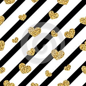 Gold heart seamless pattern. Black-white geometric stripes, golden confetti-hearts. Symbol of love, Valentine day