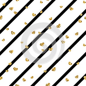 Gold heart seamless pattern. Black-white geometric stripes, golden confetti-hearts. Symbol of love, Valentine day