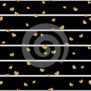 Gold heart seamless pattern. Black-white geometric stripes, golden confetti-hearts. Symbol of love, Valentine day