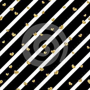 Gold heart seamless pattern. Black-white geometric stripes, golden confetti-hearts. Symbol of love, Valentine day