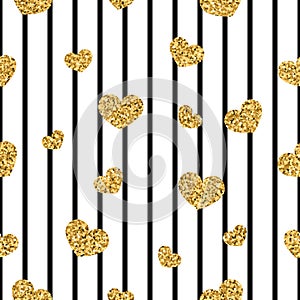 Gold heart seamless pattern. Black-white geometric stripes, golden confetti-hearts. Symbol of love, Valentine day